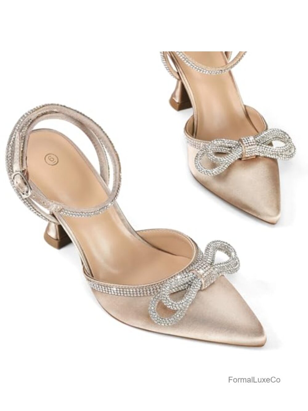 Rhinestone Bow Kitten Heels Wedding Pump Pointed Toe Ankle Strap 3.15in - Picture 2 of 5